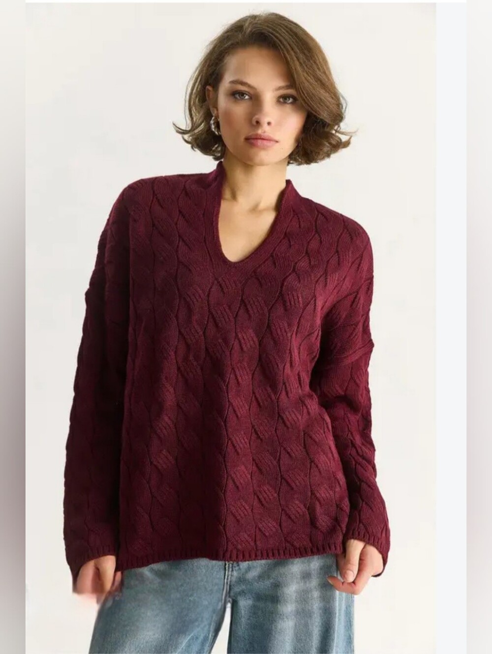 NWT Harper Lane Braided Cable Knit Wine B Neck Sweater